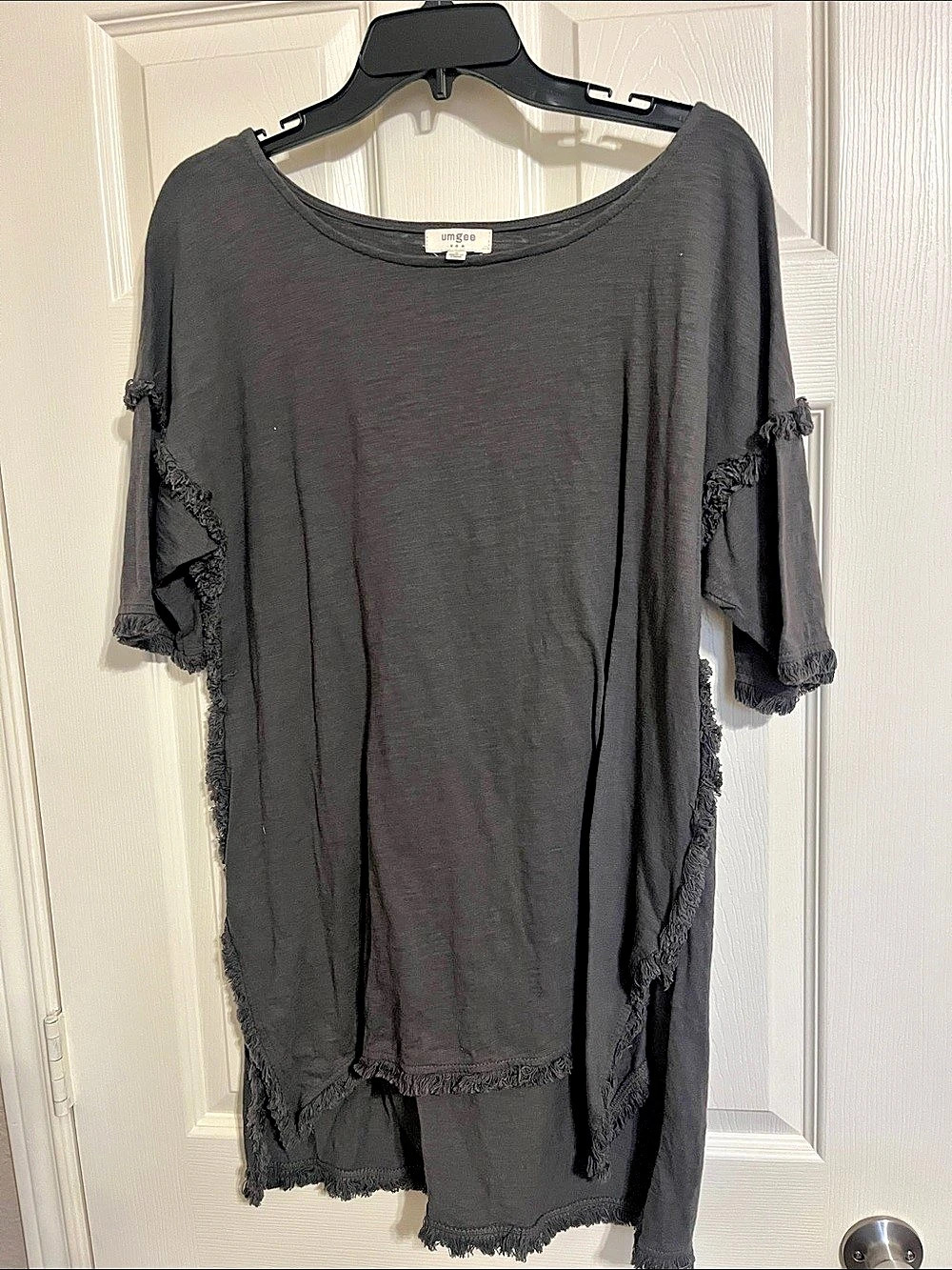 Umgee Fringe Trim High-Low Tunic Top Charcoal Gray